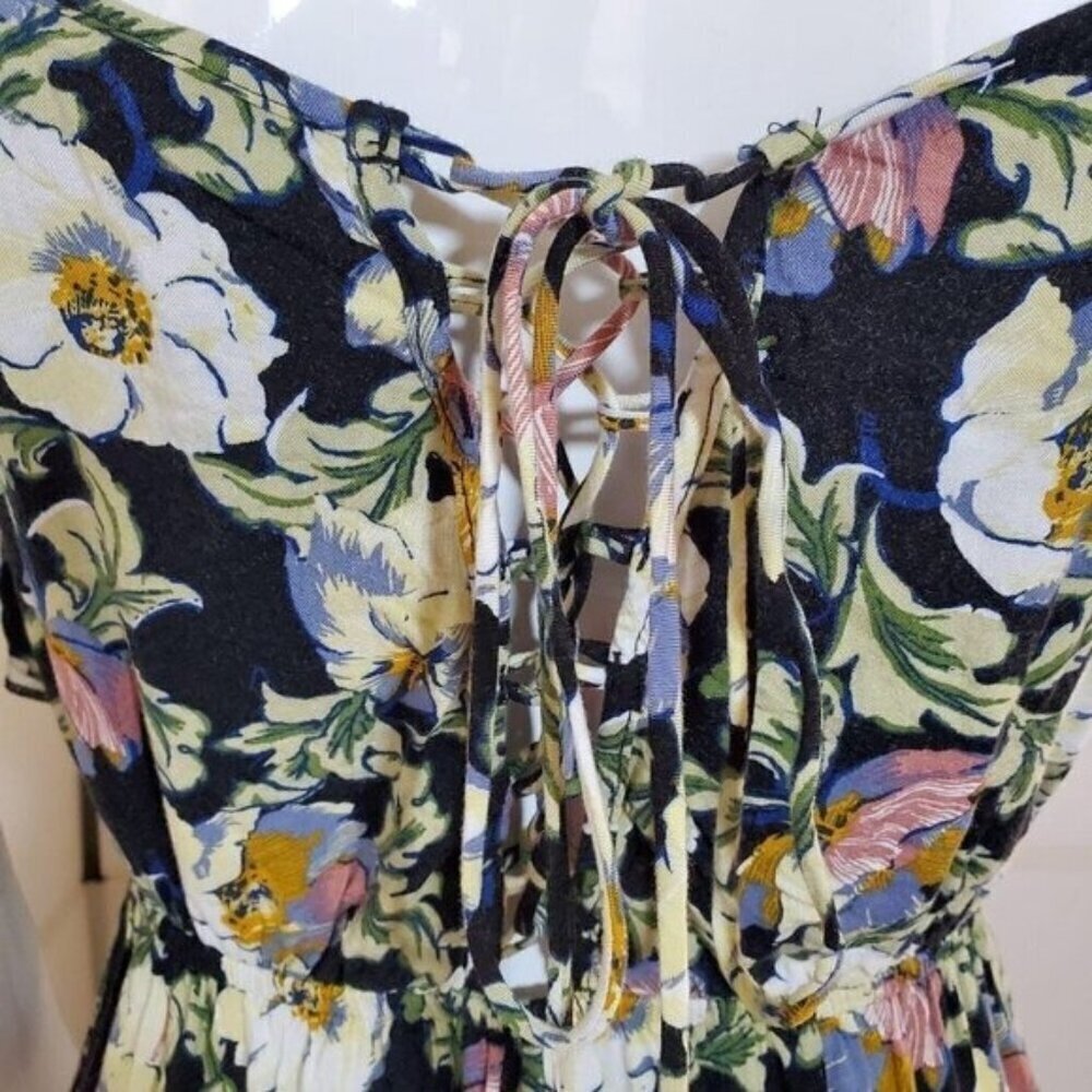 Xhilaration Black Floral Sundress Sz S LaceUp Back Spaghetti Strap High Low Hem